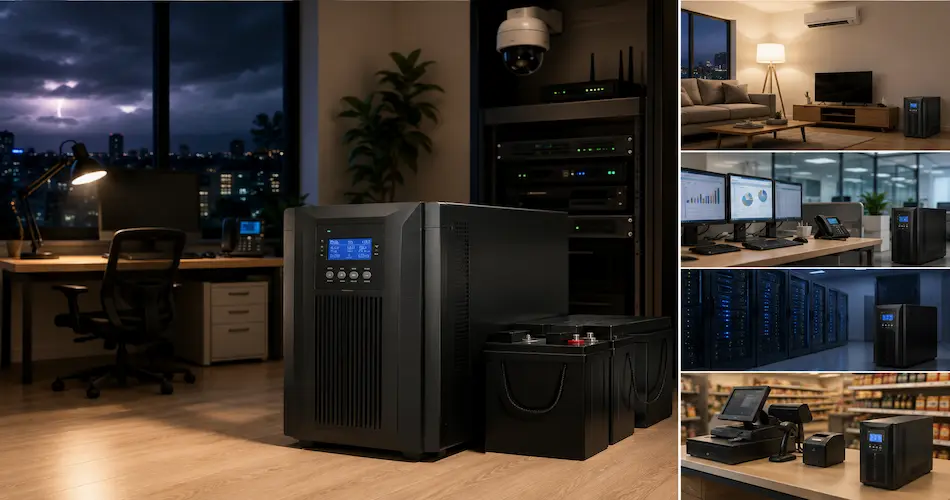 دستگاه UPS به همراه پک باتری در یک دفتر اداری مدرن قرار دارد؛ اطراف آن تصاویر کاربرد در آپارتمان، اتاق سرور، دفتر کار و فروشگاه دیده می‌شود و بیرون پنجره آسمان طوفانی و رعدوبرق دیده می‌شود.