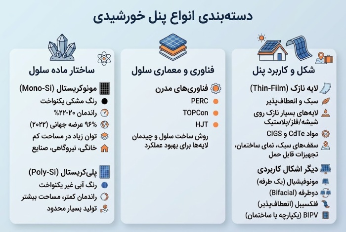 دسته‌بندی انواع پنل خورشیدی